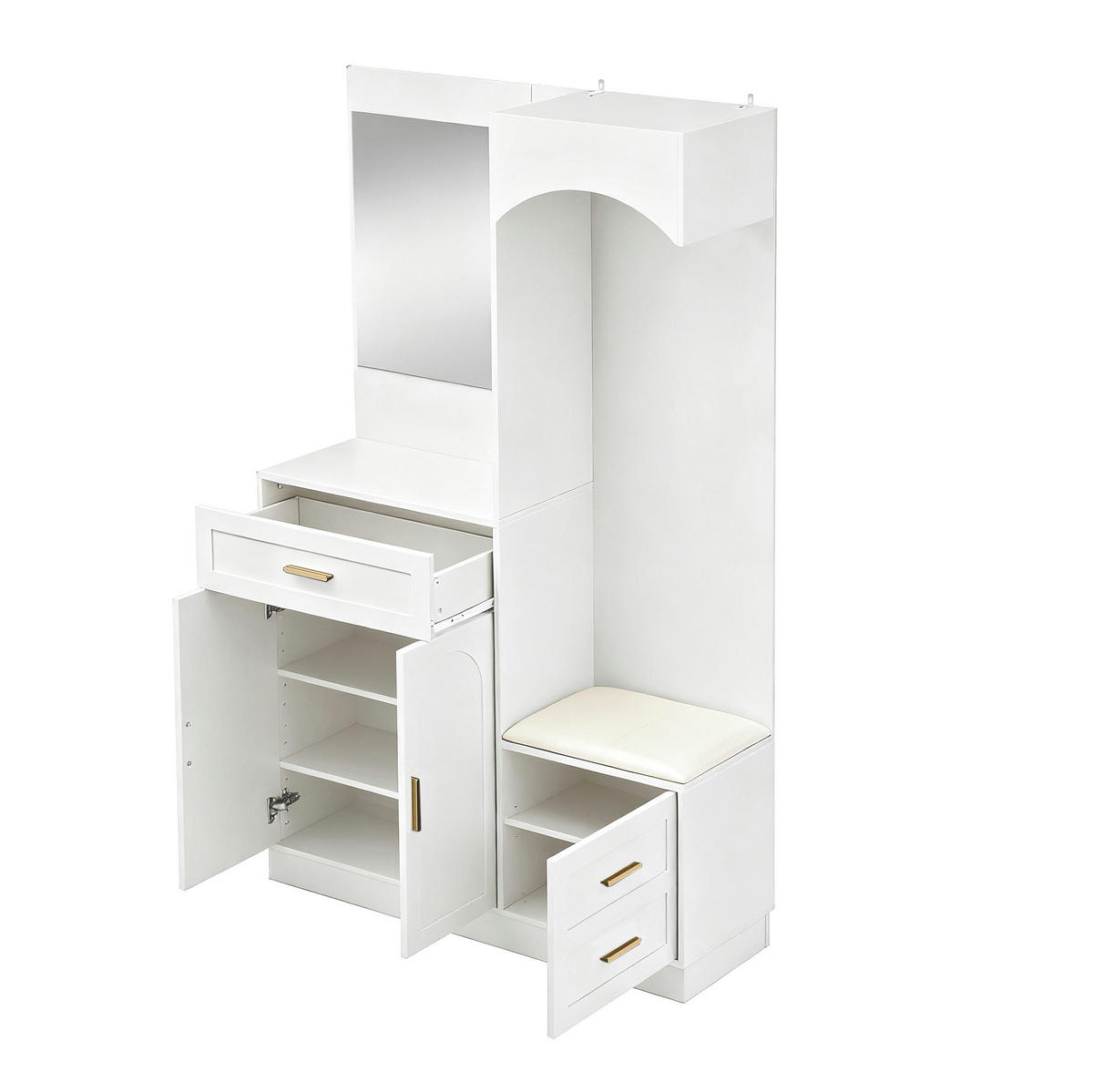 KOMPAKTGARDEROBE 110/33/185,5 cm aus Holzwerkstoff mit Spiegel und Schuhbank Weiß - Weiß, Holzwerkstoff (110/185.5/33cm) - Modenvie