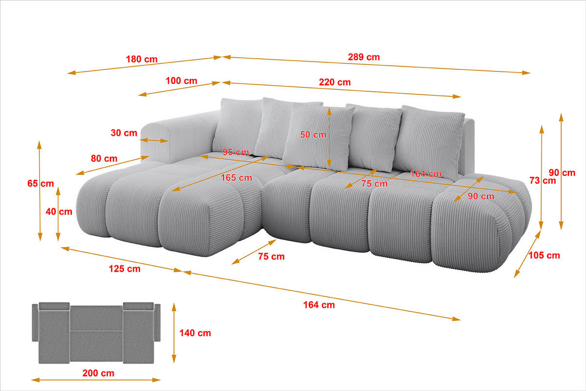 ECKSOFA Ottomane Links CLOUD-L-v1 289x180x40 Grau Cord - Grau, Holzwerkstoff/Kunststoff (180/289cm) - ALTDECOR