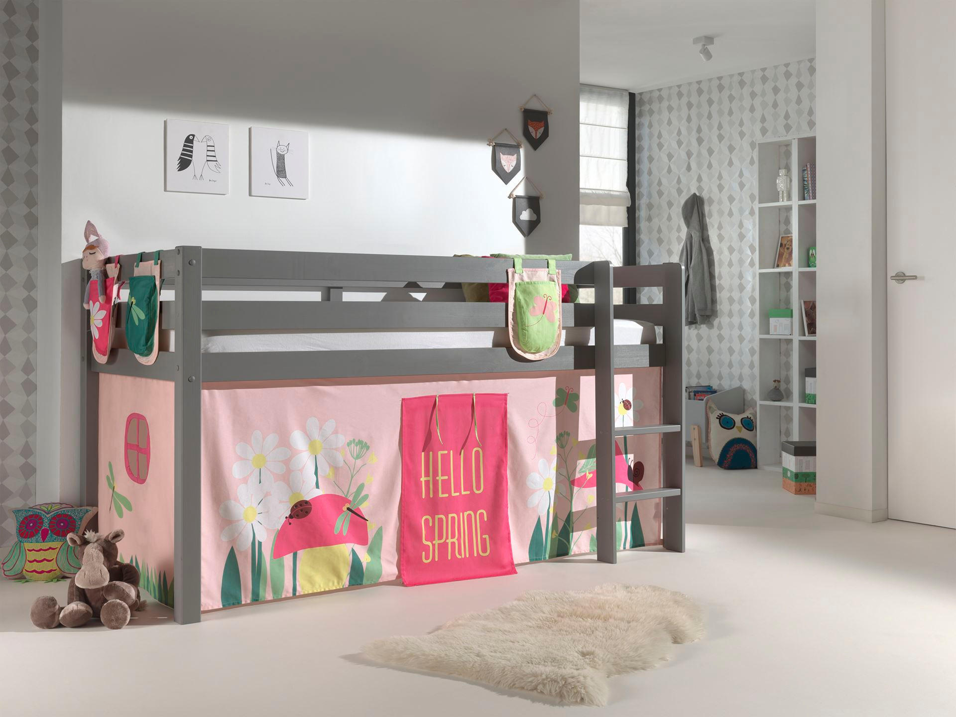 KINDERBETT Karolina 210x114x106 Massivholz Grau Textilset Spring 3 - Hellrosa/Grau, Holz (90/200cm) - 58aufmkessel