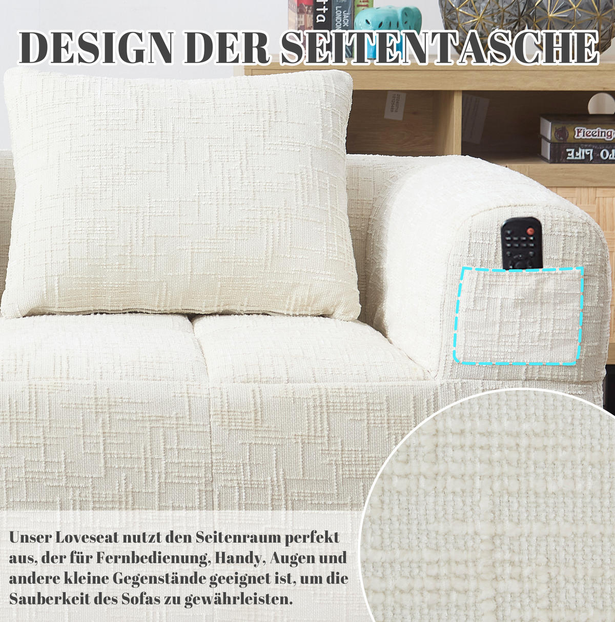SOFA od ženila, 158/90/60 cm bež, s bočnim džepovima i jastukom - bež, tekstil (60/160/90cm) - BEAOK