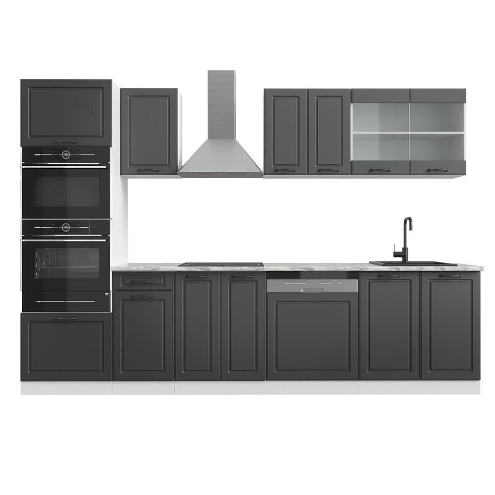 KÜCHENZEILE R-Line Anthrazit Landhaus/Weiß 300 cm mit Hochschrank AP Marmor - Anthrazit/Weiß, Holzwerkstoff (300/81.6/60cm) - Vicco