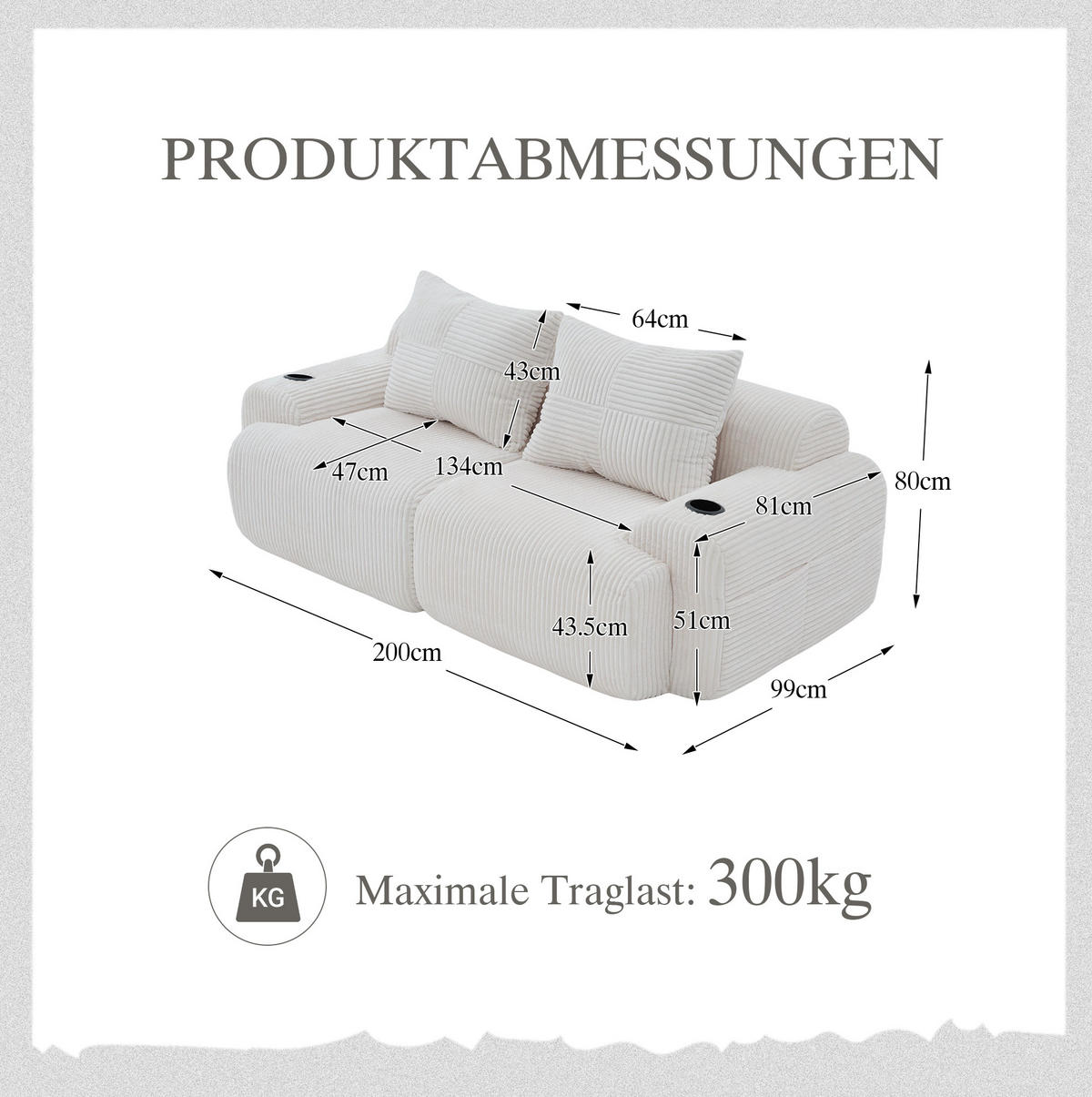 2-SITZER 200/99/80 cm Beige aus Cord mit Cupholder - Beige, Textil (99/80/200cm) - OKWISH