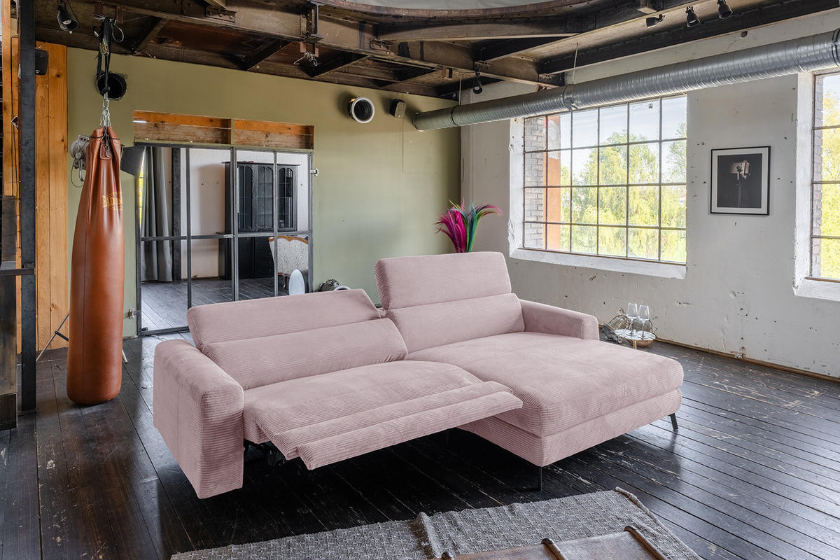 ECKSOFA LAISKA Pink Cord Relaxfunktion - Pink/Schwarz, Textil/Metall (282/177cm) - KAWOLA