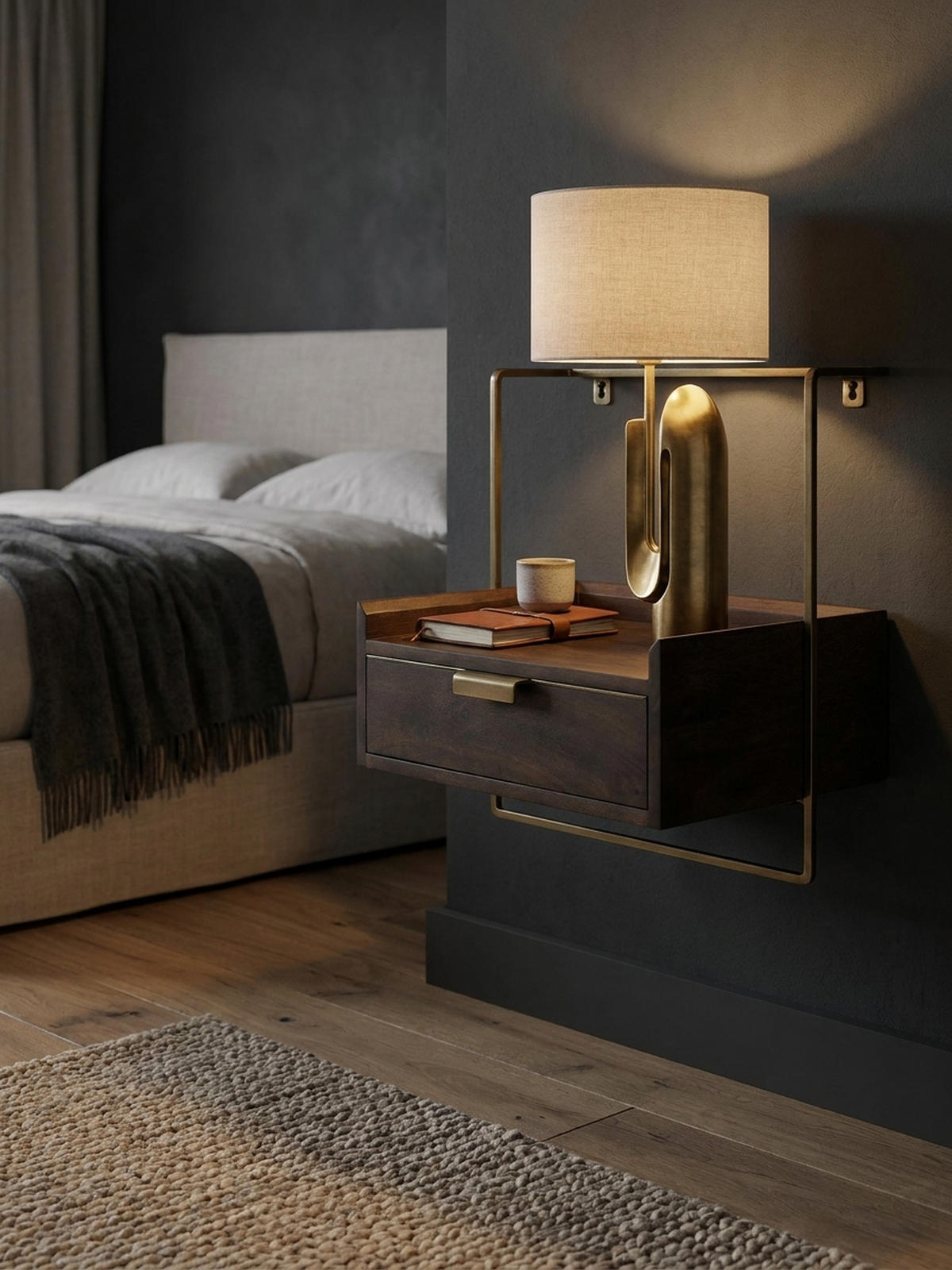 NACHTTISCH Mango Massivholz Wandmontage Schublade Boxspringbett, Braun 44x35x45 cm - Goldfarben/Braun, Holz/Metall (44/45/35cm) - KADIMA DESIGN