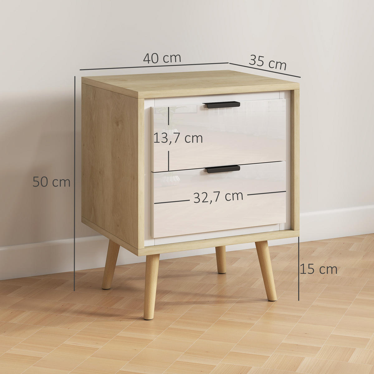 NACHTSCHRANK DE-12907 2 leise Schubladen Weiß - Eichefarben, Holzwerkstoff (35/50/40cm) - ComfortXL