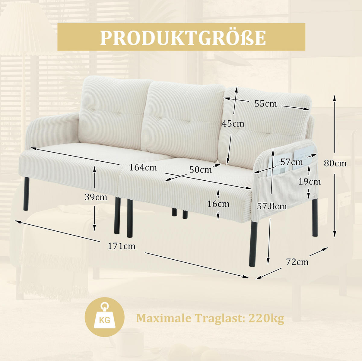 SOFA 3-Sitzer mit Seitentasche 171 x 72 x 80 cm Cord Beige - Beige, Kunststoff (171/80/72cm) - Meubliv