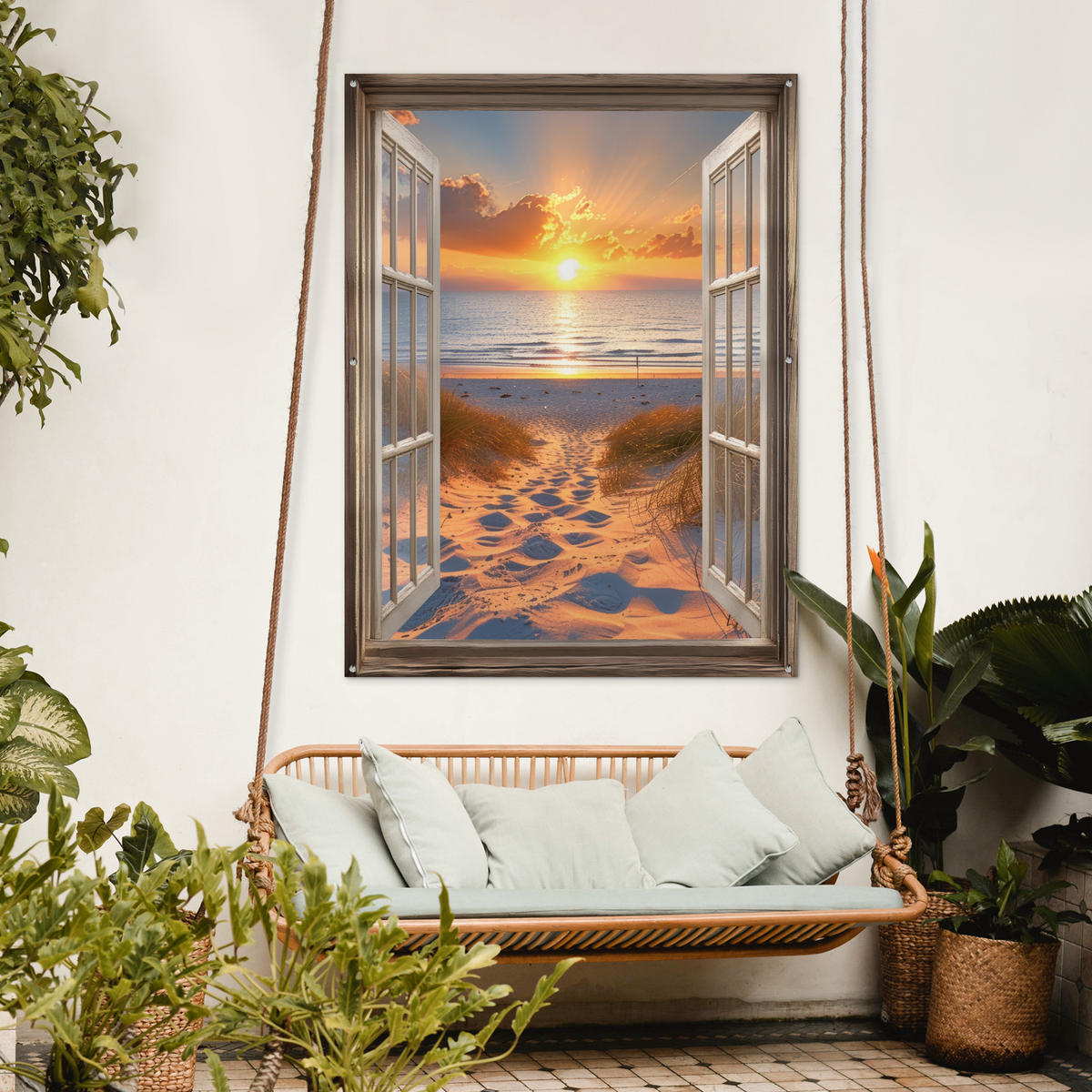 GARTENPOSTER Durchblick - Strand - Dünen - Sonnenuntergang 120x160 cm - Orange, Kunststoff (120/160/0.2cm) - OnlyWow