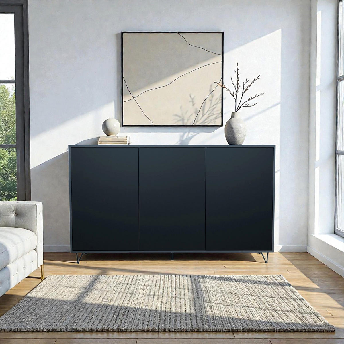 SIDEBOARD Elisa, Kommode mit Push-to-Open, Made in Germany, Moderner Schrank, Anthrazit matt/Schwarz matt (152,5 x 90,5 x 37 cm) - Schwarz, Holzwerkstoff (152.5/90.5/37cm) - InnoFurn