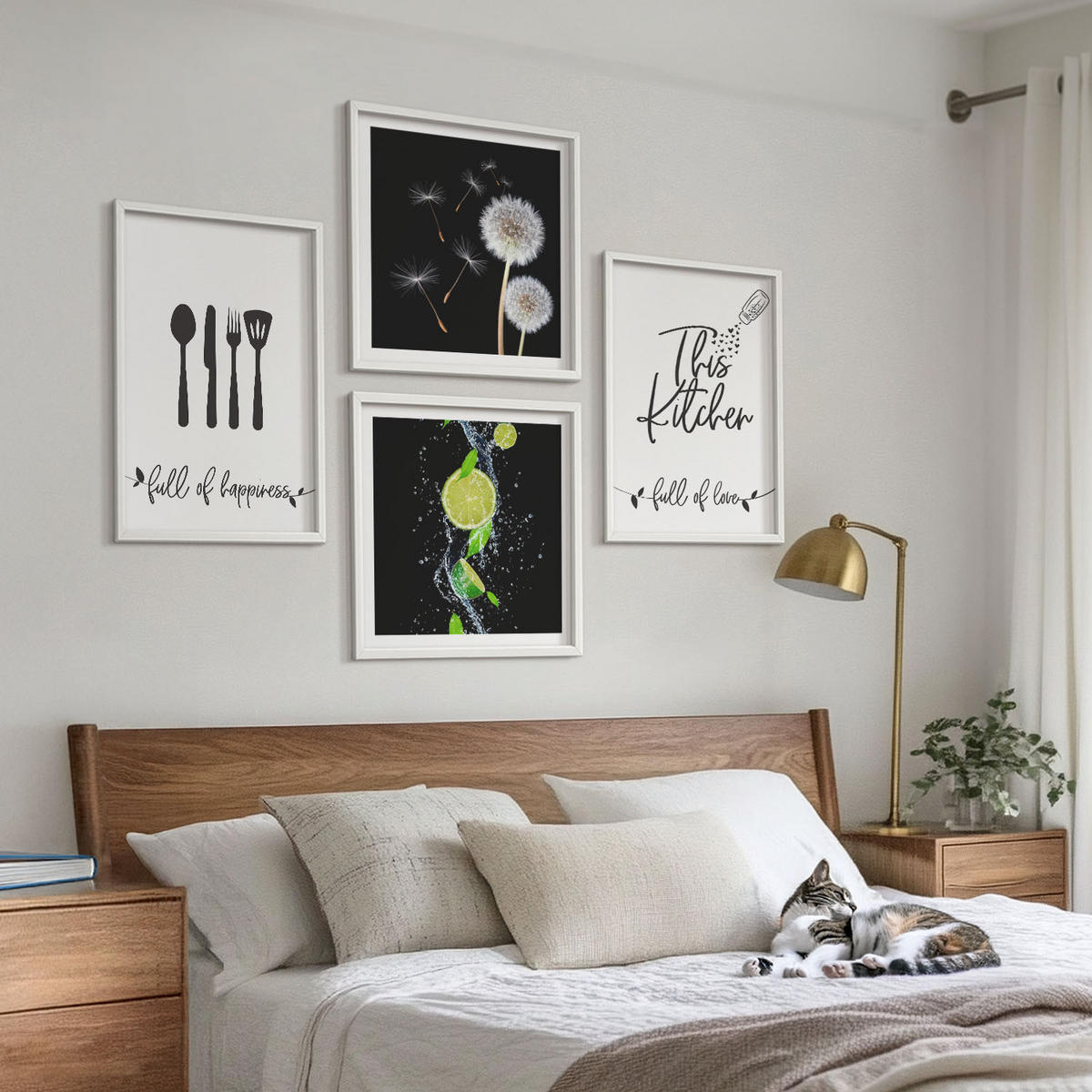 BILDER SET 4er Set - 50x50 cm & 40x60 cm Weißer Rahmen - Löwenzahn-Kalk-Kücheninschriften - Weiß, Kunststoff (50/50cm) - TULUP