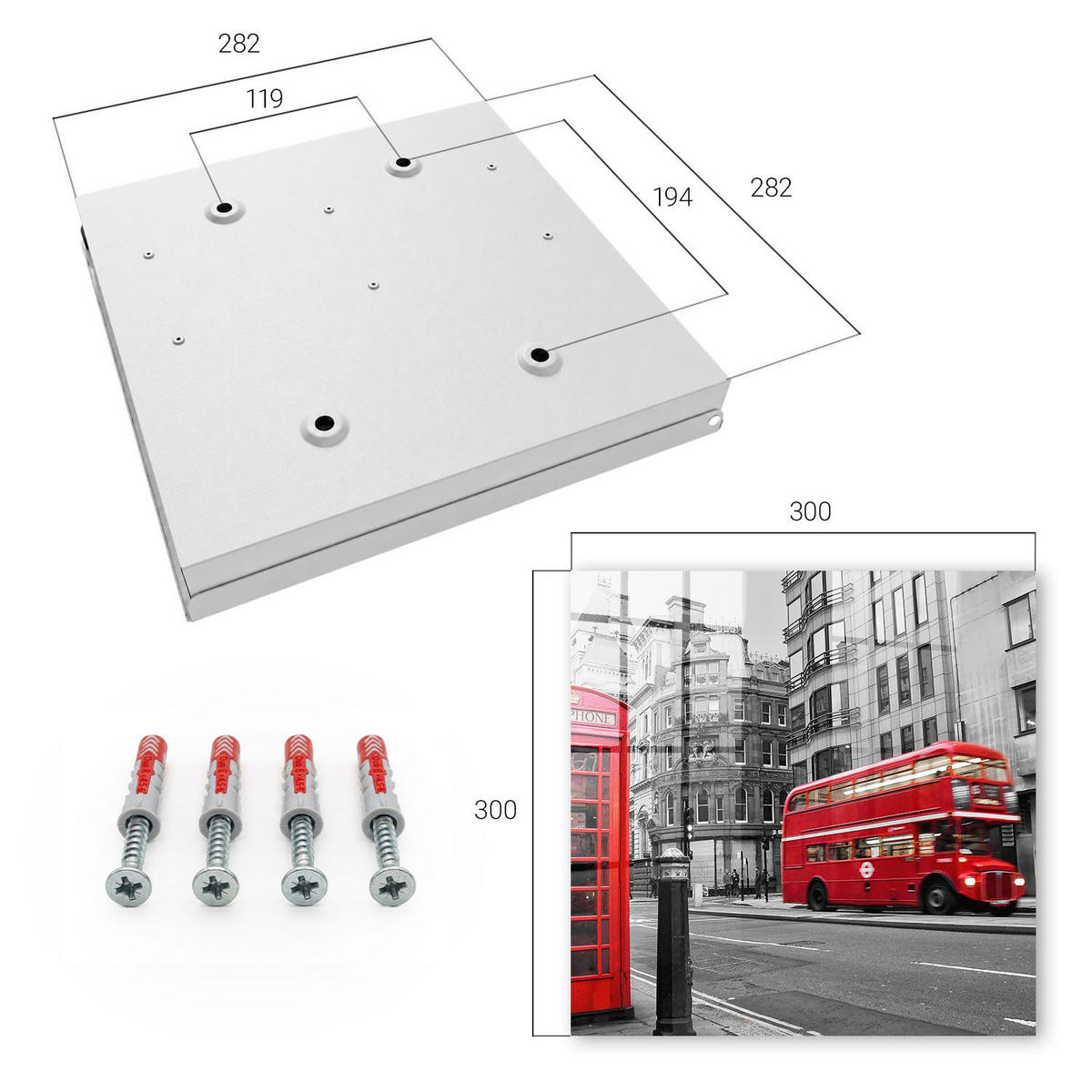 SCHLÜSSELBOX Weiß 30x30 cm – Türöffnung nach rechts - Londoner Kontrast - Rot, Metall (30/30/5cm) - TULUP
