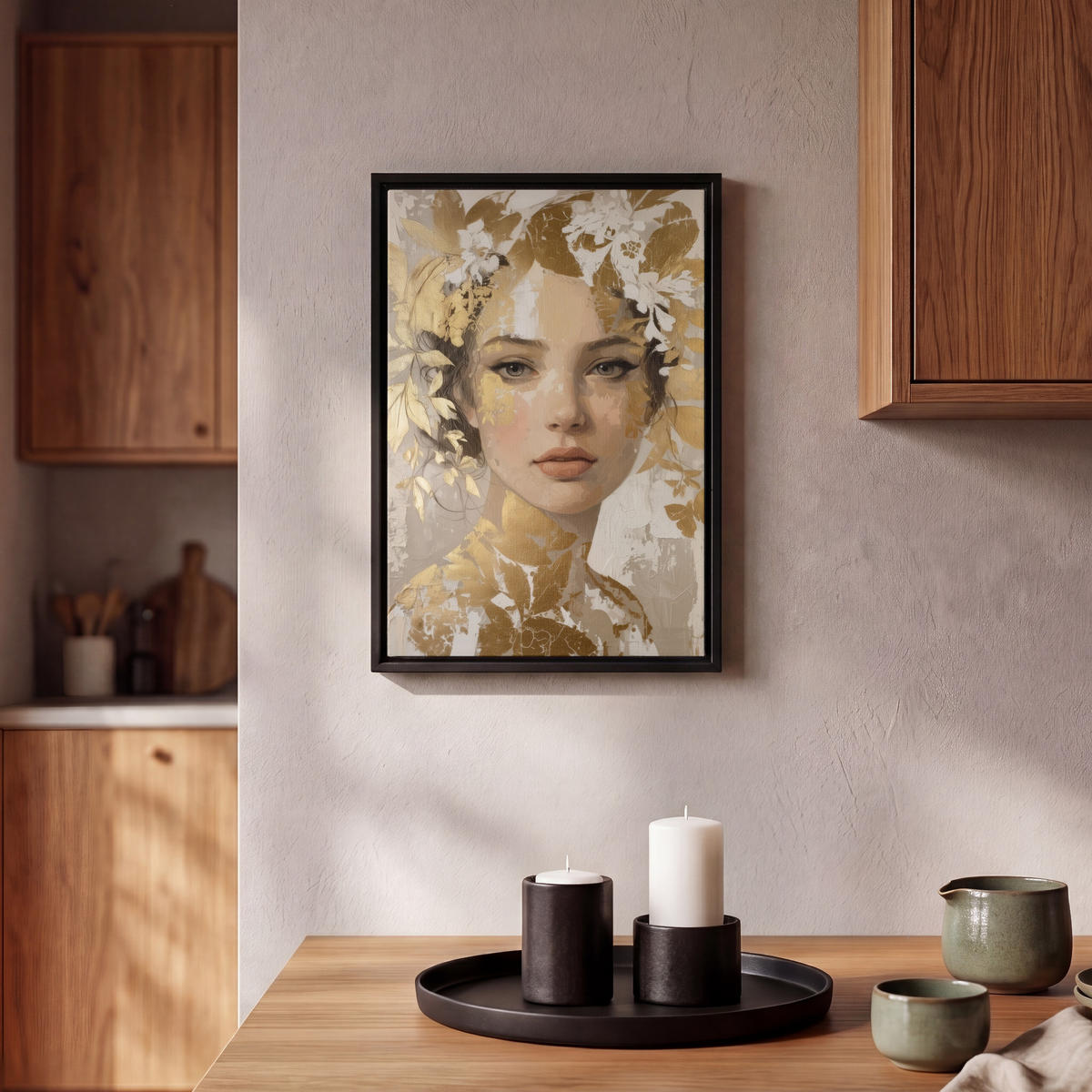 LEINWAND Bilder mit Rahmen - Gesicht - Frau - Blätter - Gold - 20x30 - Beige, Textil (20/30cm) - MuchoWow