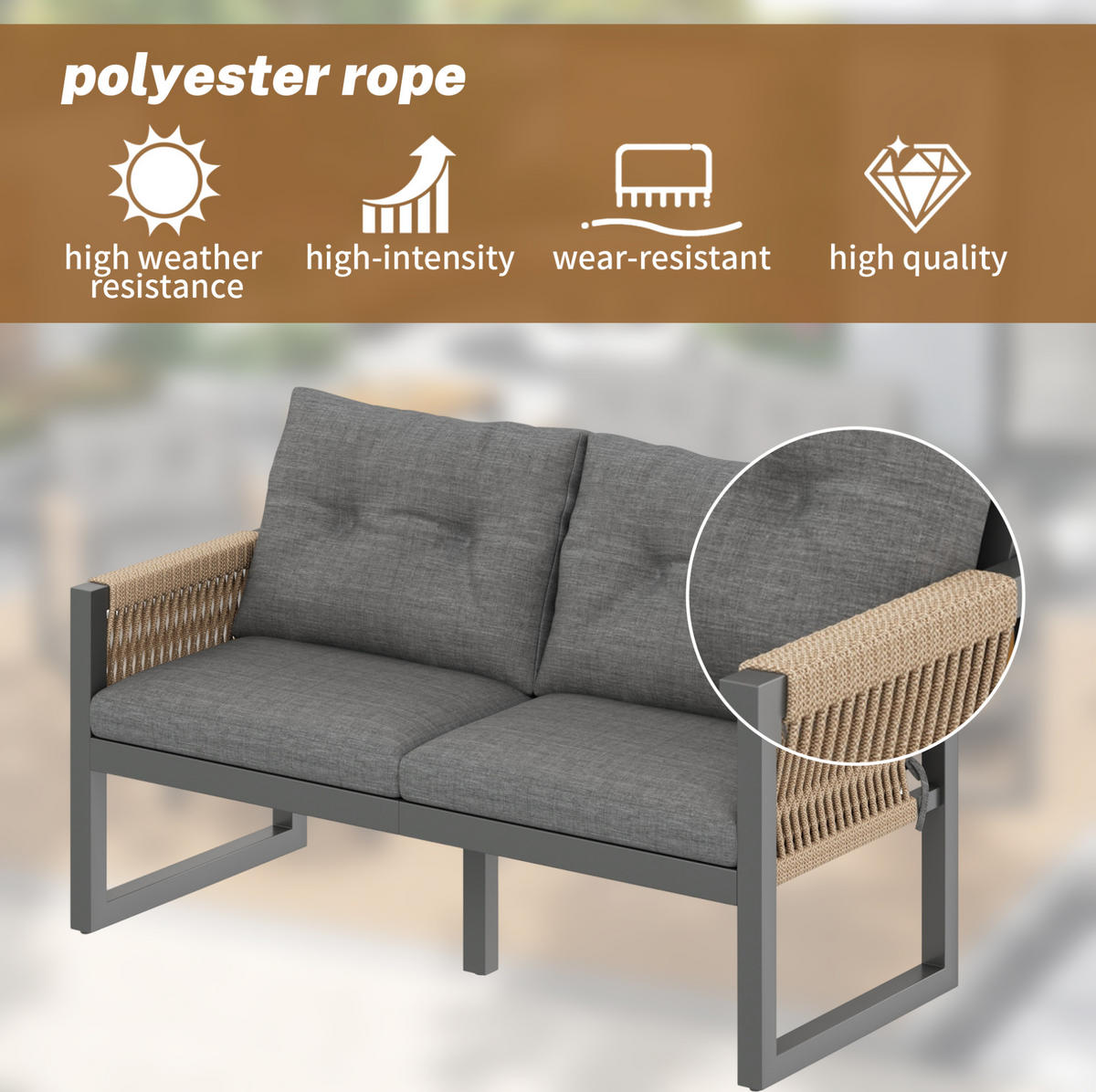 LOUNGEGARNITUR 150/79,5/75 cm Grau/Natur aus Eisen mit abnehmbarem Tisch 6er Set - Grau, Metall - OKMYHOME