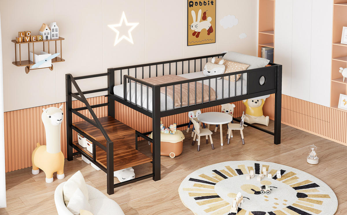 HOCHBETT 90/200 cm in Schwarz mit Stauraumleiter und Stauraum unter dem Bett Metall - Schwarz, Holzwerkstoff/Metall (90/200cm) - CHICFURN