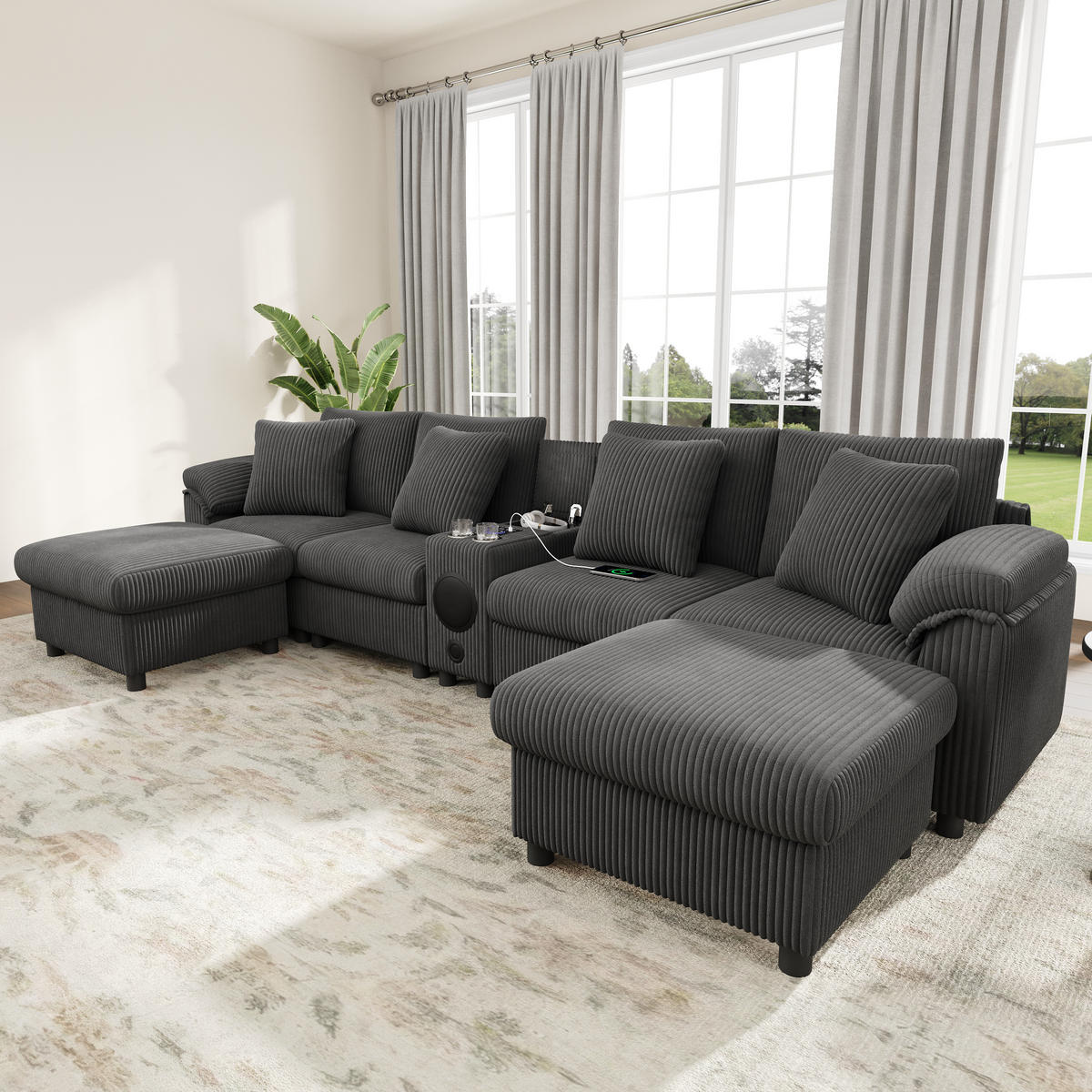WOHNLANDSCHAFT Cord Grau mit Stauraum, Bluetooth, USB, Type-C und Getränkehaltern - Grau, Holzwerkstoff/Kunststoff (315.5/84.5/144cm) - WISHDOR
