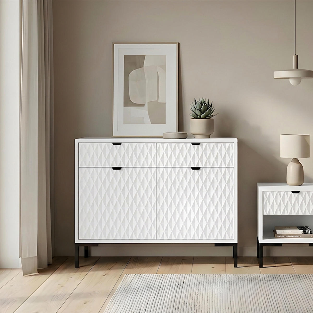 KOMODA Montreal se 2 dvířky a 2 zásuvkami, dekorativní 3D čela, 100 cm, bílá - bílá/černá, kov/kompozitní dřevo (101/85/40cm) - Beautysofa