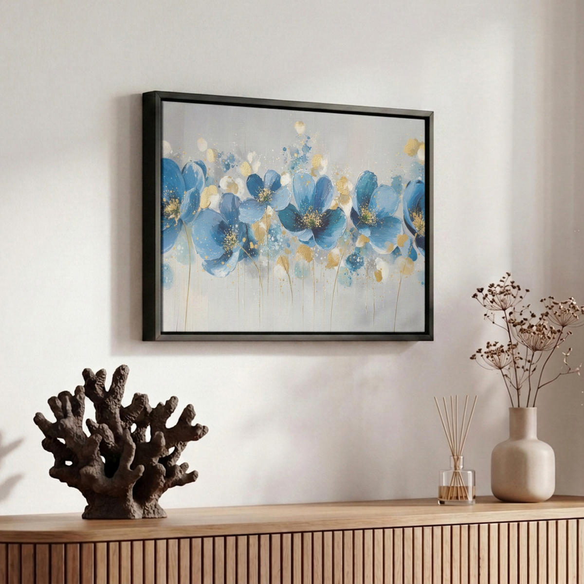 LEINWAND Bilder mit Rahmen - Blumen - Blau - Abstrakt - 30x20 - Hellgrau, Textil (30/20cm) - MuchoWow