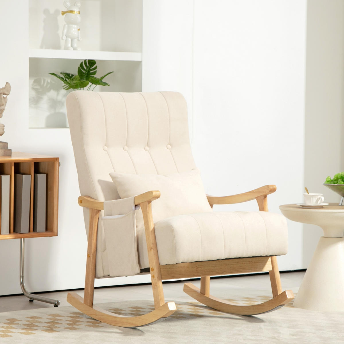 SCHAUKELSTUHL Beige mit Lendenkissen und Seitentasche - Beige, Textil (65/98/90cm) - Oxeza