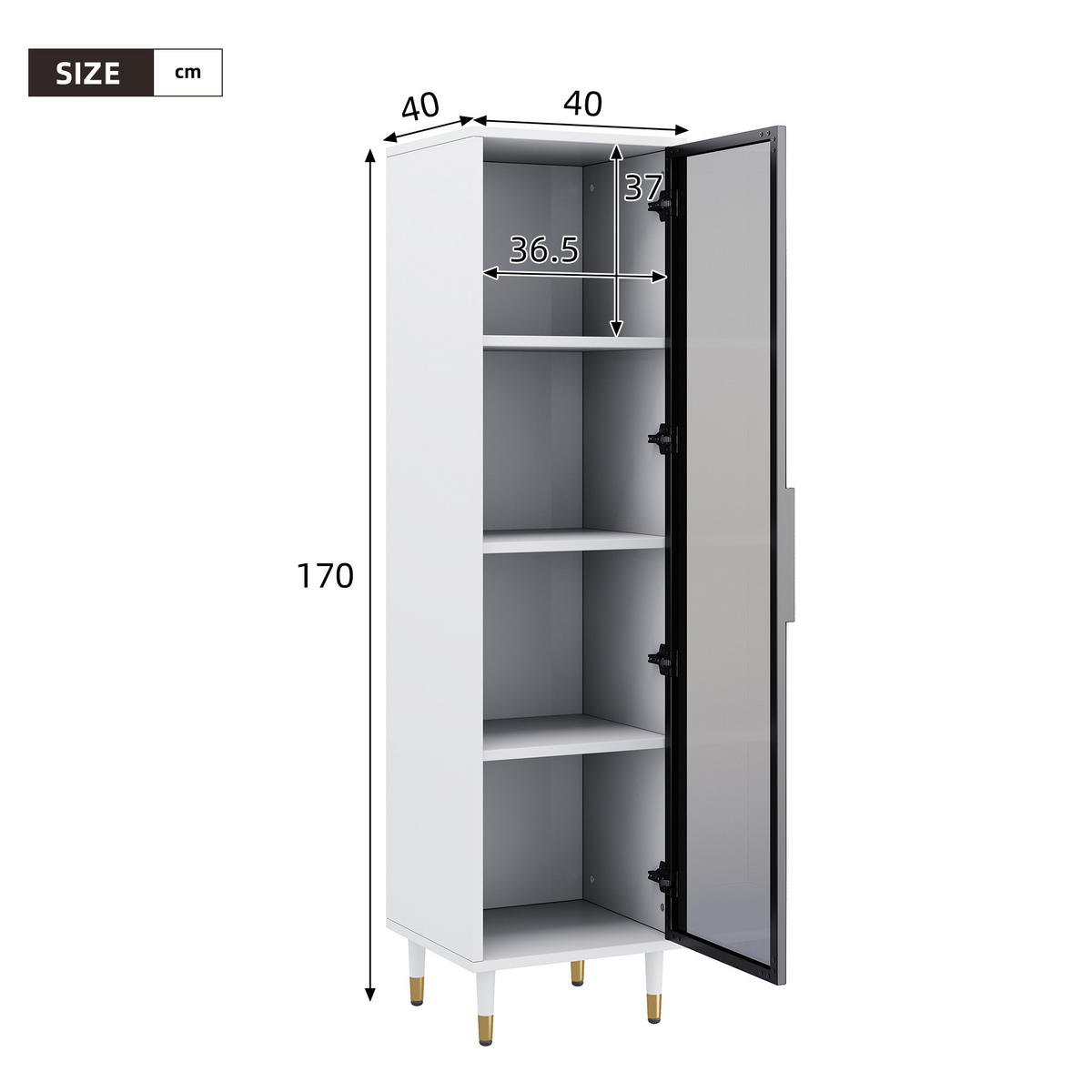 HIGHBOARD mit LED-Beleuchtung 40/40/170 cm in Weiß mit getönter Glastür - Weiß, Holzwerkstoff (40/170/40cm) - BEAOK