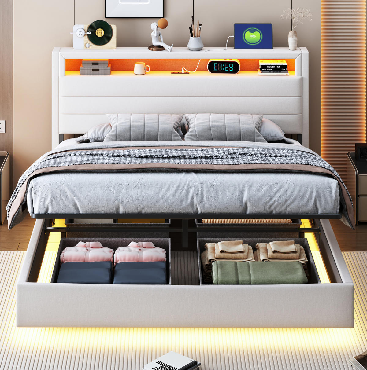 POLSTERBETT mit Stauraum, USB und LED 140x200 cm Leinen Beige - Beige, Metall (140/200cm) - Meubliv
