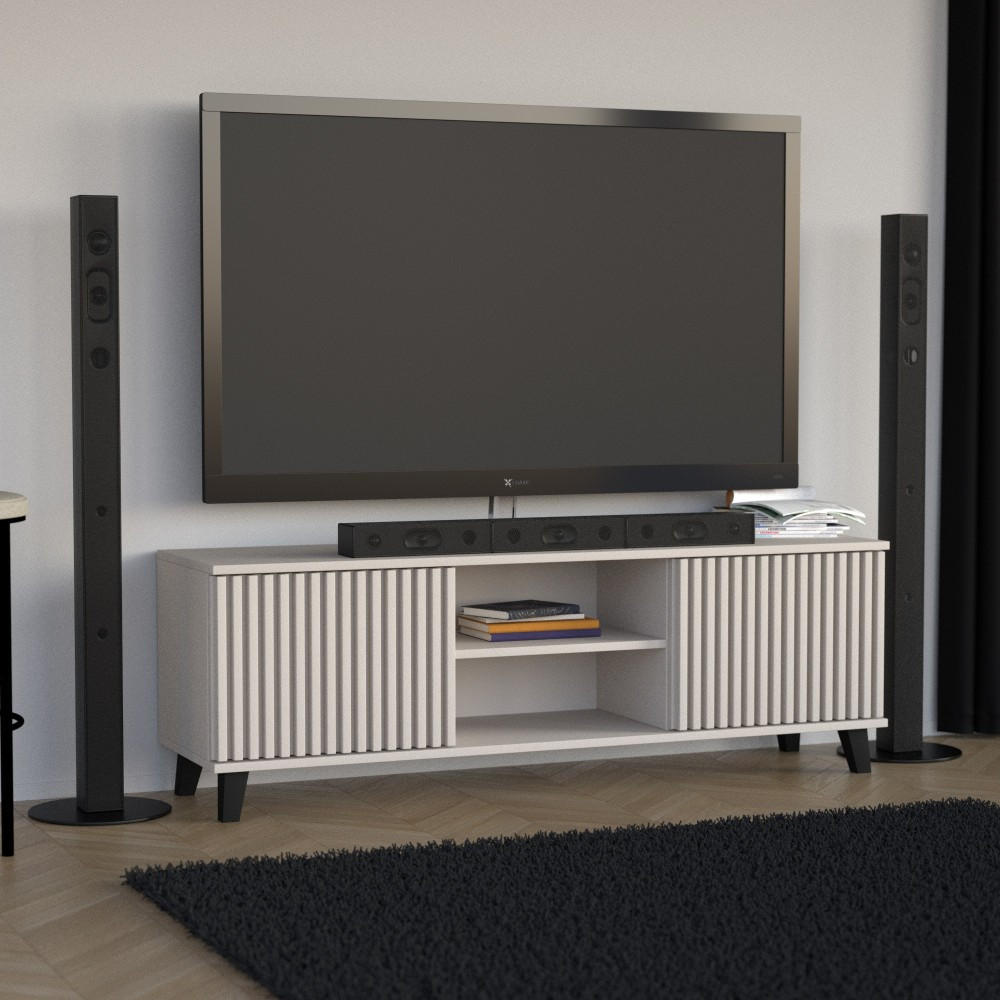 LOWBOARD Home mit 2 Türen und Lamellen, ohne Griffe, Kaschmir - Kaschmir/Schwarz, Holzwerkstoff (150/50/40cm) - Beautysofa