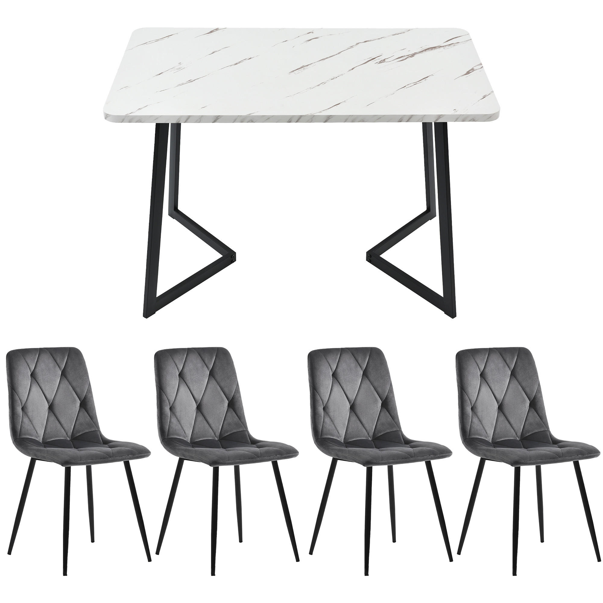 ESSZIMMER-SET mit Marmoroptik-Tisch und vier grauen Samtstühlen als moderner Küchentisch, weiß-grau - Grau, Holzwerkstoff (68/75/117cm) - Luhomfu