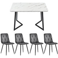 ESSZIMMER-SET mit Marmoroptik-Tisch und vier grauen Samtstühlen als moderner Küchentisch, weiß-grau - Grau, Holzwerkstoff (68/75/117cm) - Luhomfu