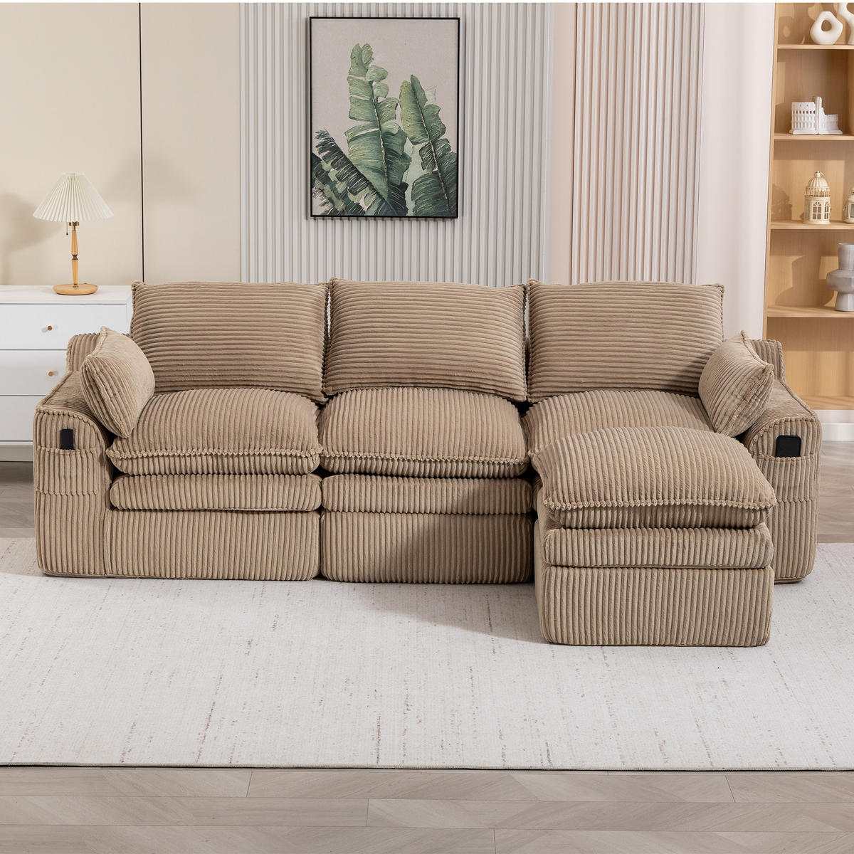 3-SITZER ECKSOFA Cord Khaki mit Hocker und Kissen - Hellbraun, Textil (263/167cm) - WISHDOR