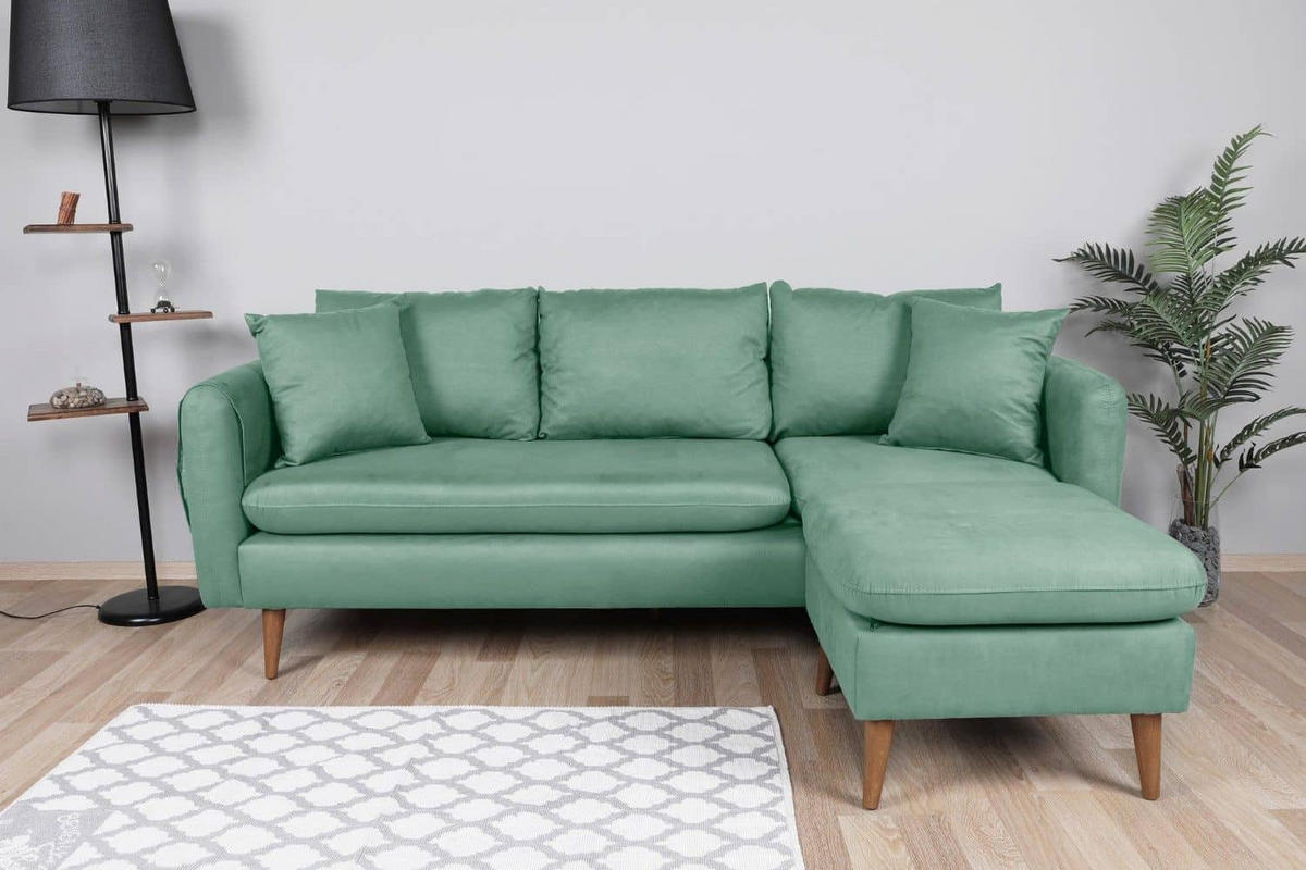 ECKSOFA kompakt, Gesamtbreite 215 cm, perfekt für kleine Räume - Nussbaumfarben/Grün, Holz/Textil (145/215cm) - myHomelando
