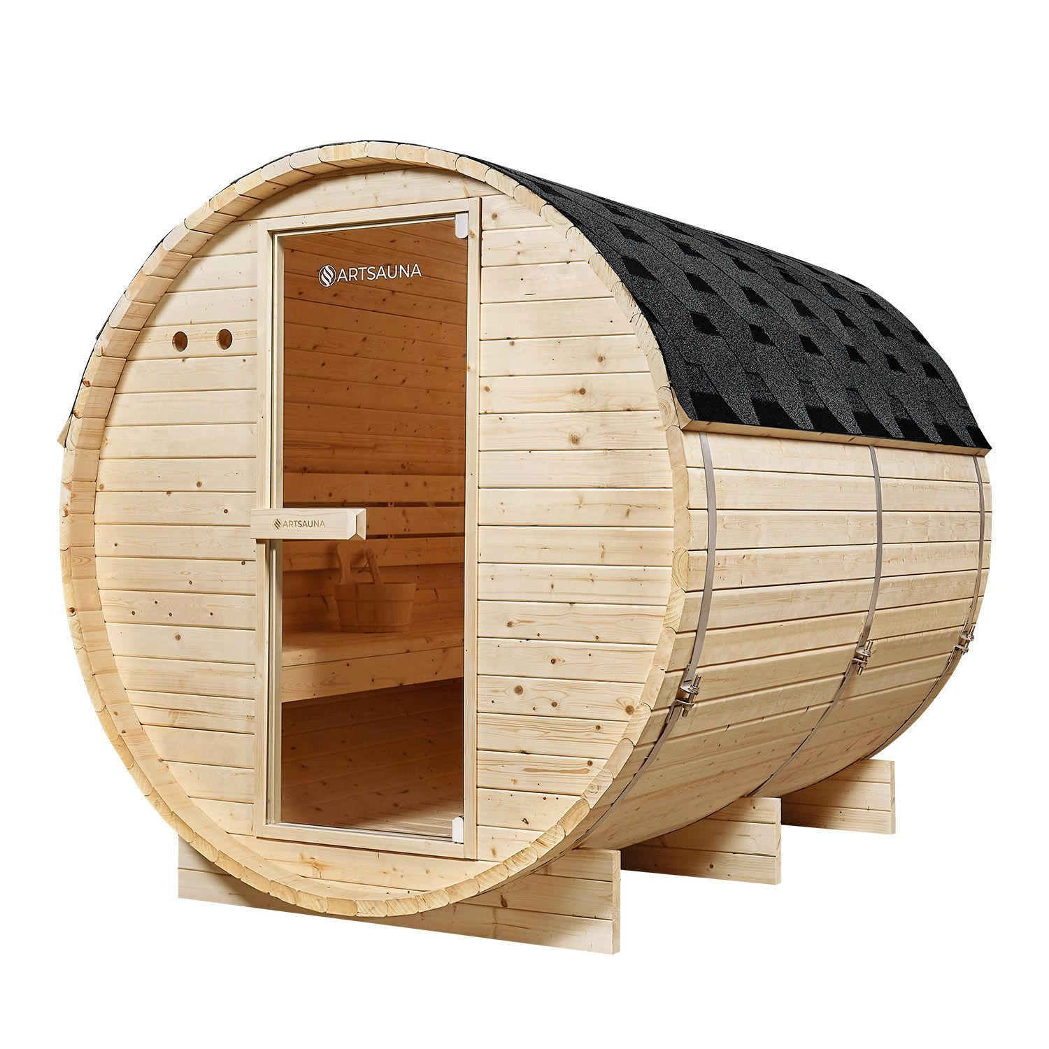 FASSSAUNA Spitzbergen 220 cm mit 8 kW Saunaofen (6 Personen) - Naturfarben, Holz (191/193/220cm) - Artsauna