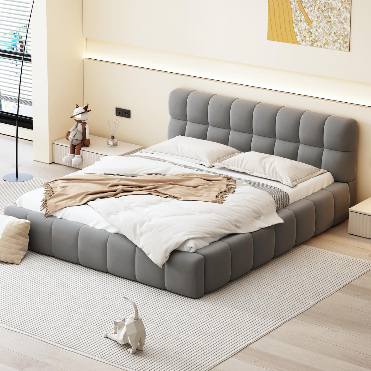 ČALÚNENÁ posteľ z ľanovej látky 140x190 cm sivá s integrovaným uložením matraca a mäkkým čelom - sivá, textil (140/190cm) - Modfu