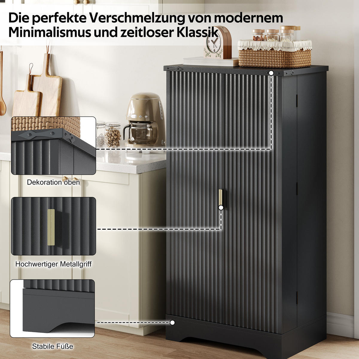 HOCHSCHRANK 120/60,5/40 cm mit LED-Sensorlicht, verstellbaren Böden und MDF-Front, Schwarz - Schwarz, Holzwerkstoff (60.5/120/40cm) - Redom