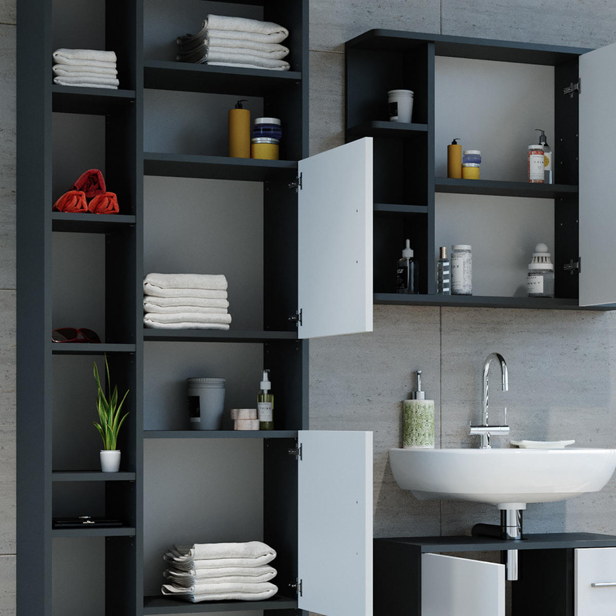 BADSCHRANK Ilias Anthrazit/Weiß 60 x 190 cm - Anthrazit/Weiß, Holzwerkstoff (60/190/30cm) - Vicco