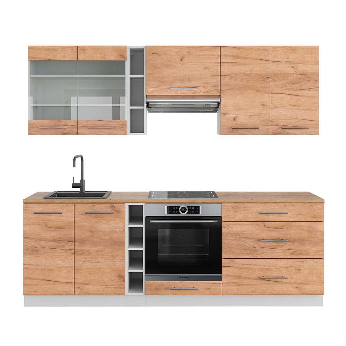 KÜCHENZEILE Fame-Line Goldkraft Eiche/Weiß 235 cm, AP Eiche - Honigeiche/Eiche Wotan, Holzwerkstoff (235/81.6/60cm) - Vicco