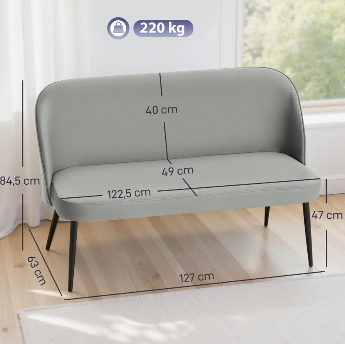 DVOUMÍSTNÁ pohovka 127/63/84,5 cm šedá z kovu s sametovým potahem a pohodlným polstrováním - šedá, kov (63/84.5/127cm) - OKWISH
