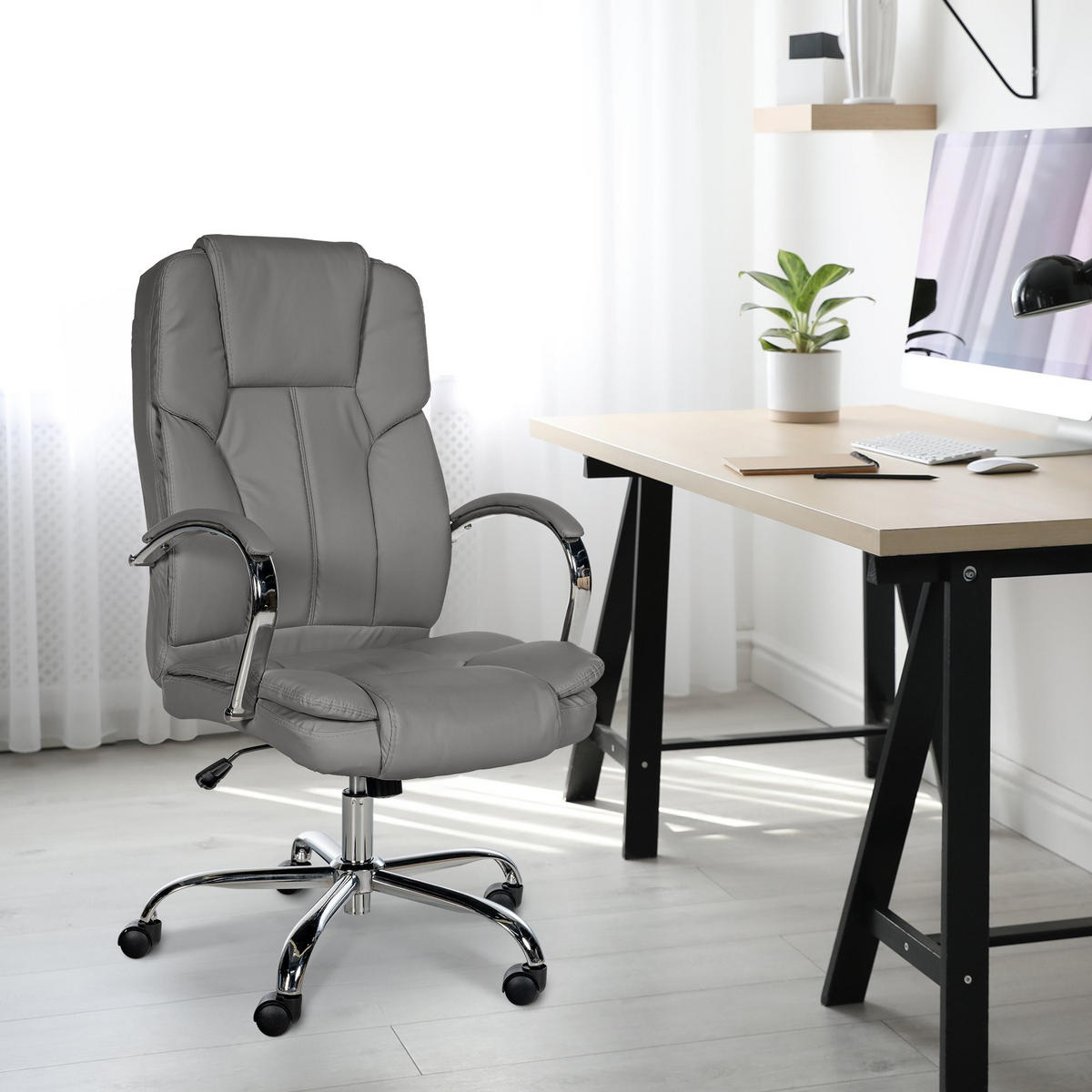 CHEFSESSEL Lederlook Grau - Chromfarben/Grau, Textil/Metall (62/115/70cm) - CLP