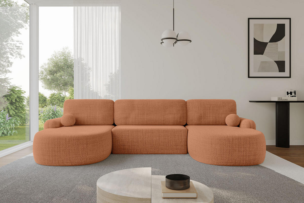 WOHNLANDSCHAFT mit Schlaffunktion und Bettkasten LIRA-U - 335x172x89 Apricot - Dunkelorange, Holzwerkstoff/Textil (335/89/172cm) - ALTDECOR