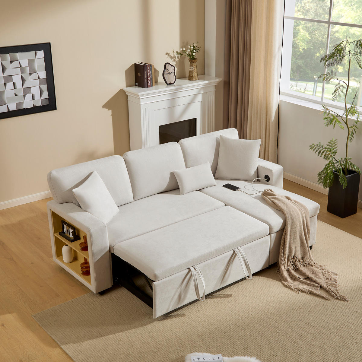 ECKSCHLAFSOFA 214/131/87 cm Beige mit Bettkasten und integriertem Regal - Beige, Textil (214/131cm) - Oxeza