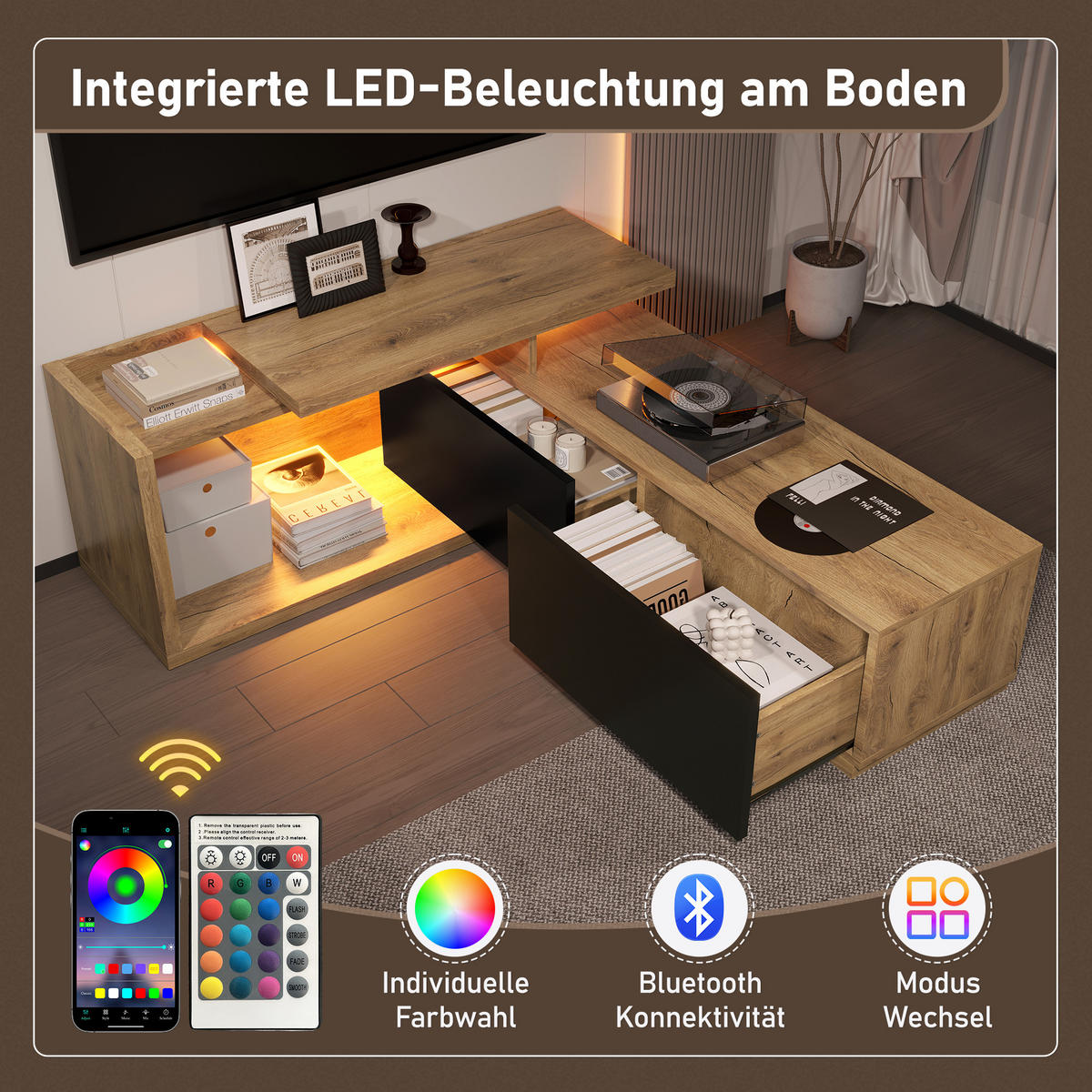 TV-LOWBOARD,UNENDLICH kombinierbar mit integriertem LED-Beleuchtungssystem - Natur - Naturfarben, Holz/Holzwerkstoff (40/45/135cm) - KOMHTOM