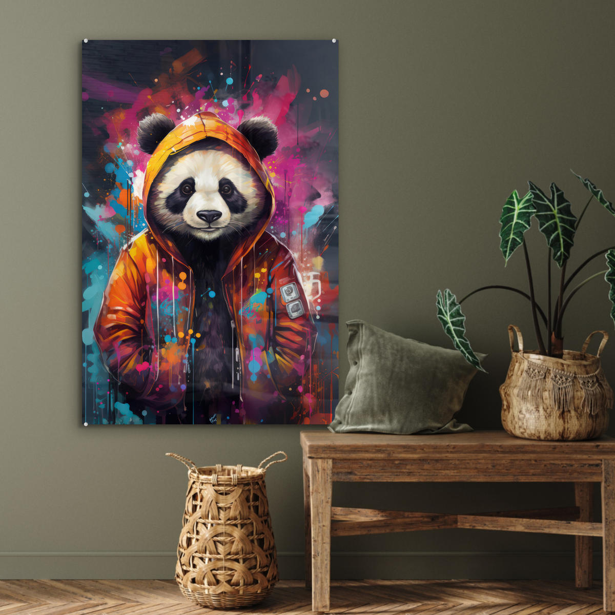 ACRYLGLASBILD Panda - Jacke - Graffiti - Orange 60x90 cm - Orange, Glas (60/90cm) - MuchoWow