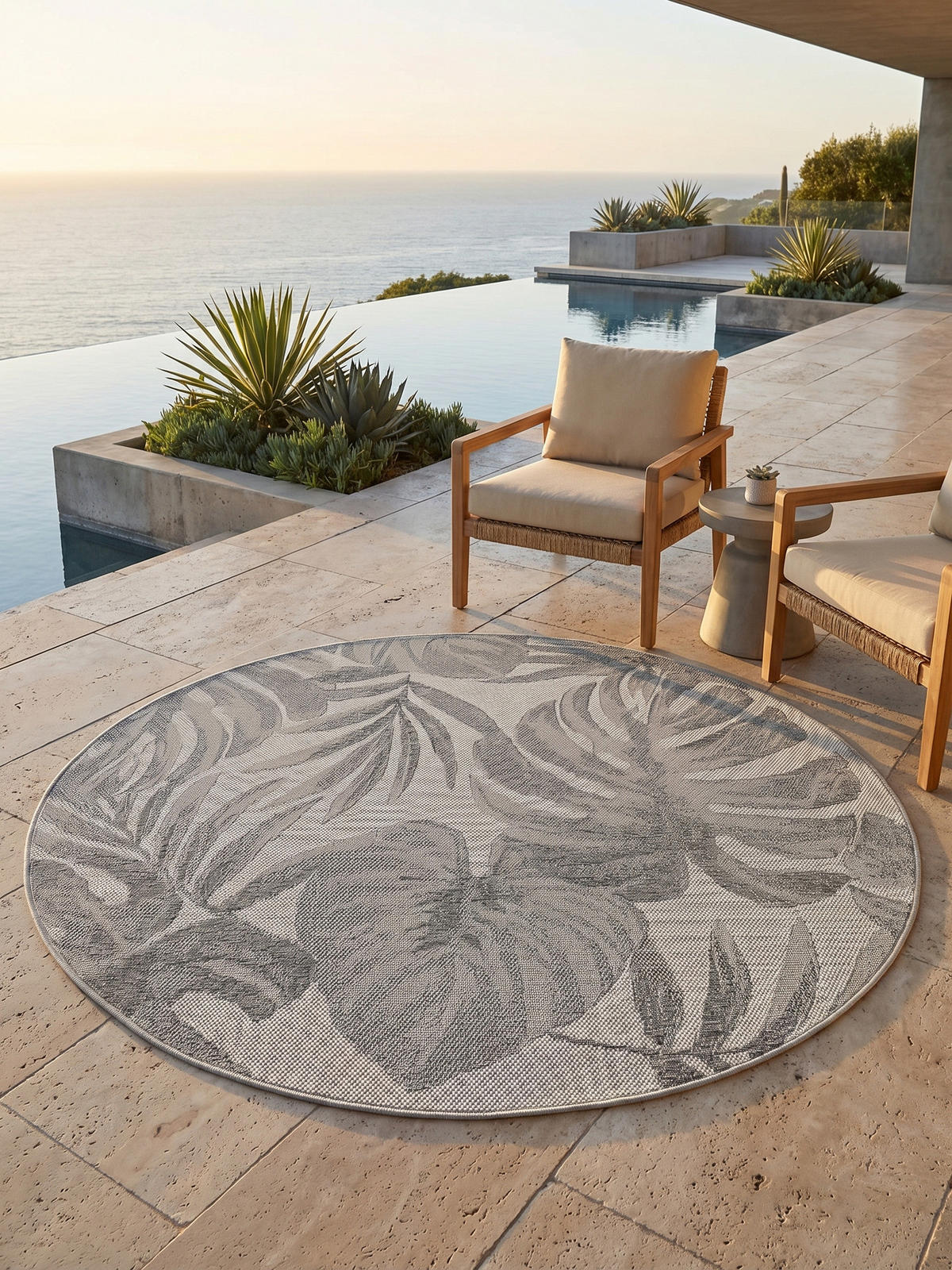 TEPPICH Outdoor VENTOUX in Grau, mit Tropen-Motiv, Ø 80 cm - Grau, Textil (80/80cm) - KADIMA DESIGN