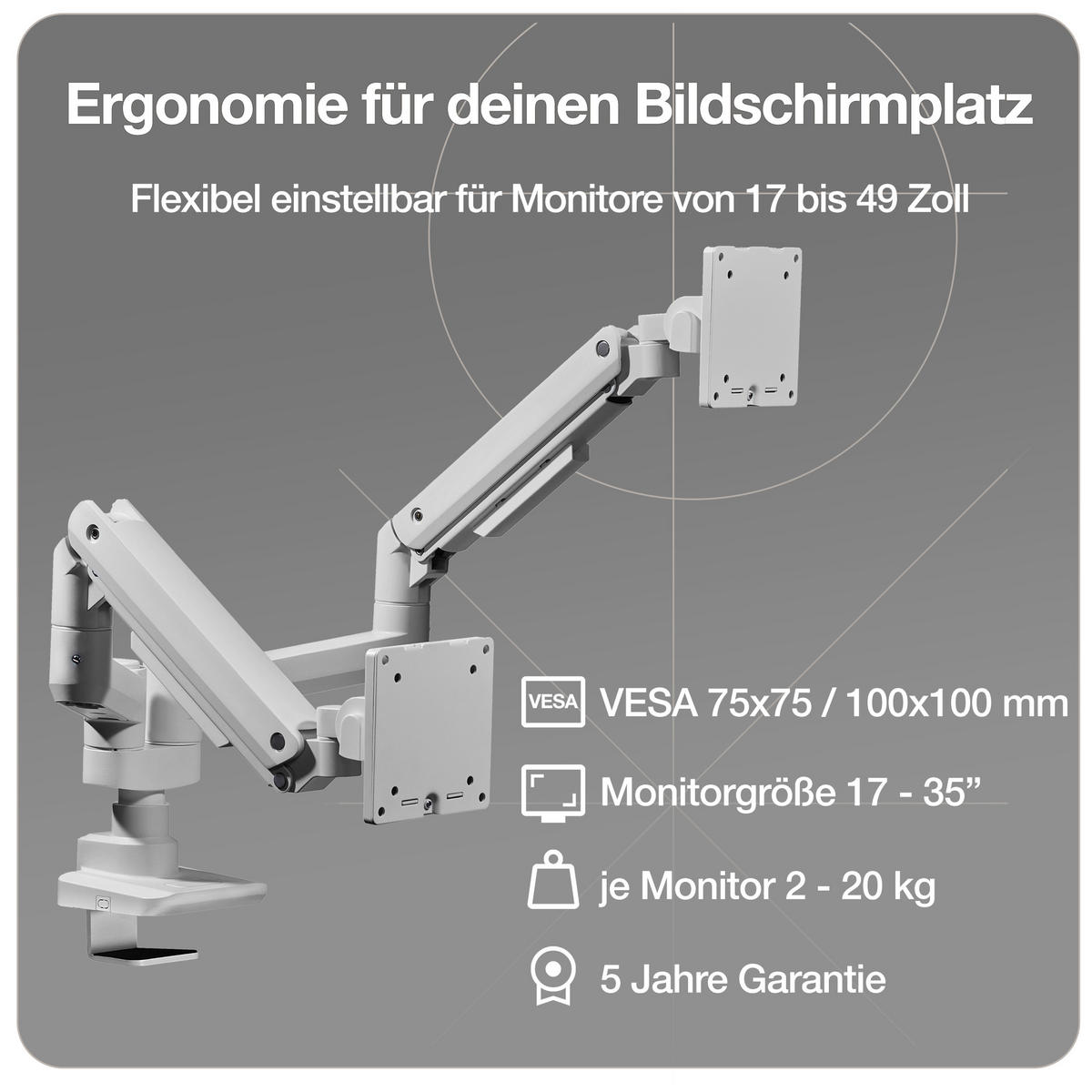 MONITORARM Doppel-Monitorarm in weißaluminium mit Gasfeder für 2 Monitore 17–35 Zoll bis je 20kg / Weißaluminium - Silberfarben, Metall (25/50/13cm) - ASSMANN