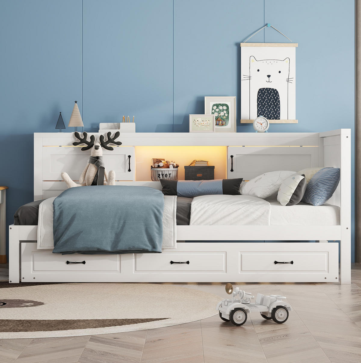 BETT 90/200 cm in Weiß mit Kopfteil, Ausziehbett, Stauraum und LED - Weiß, Holzwerkstoff (90/200cm) - BEAOK