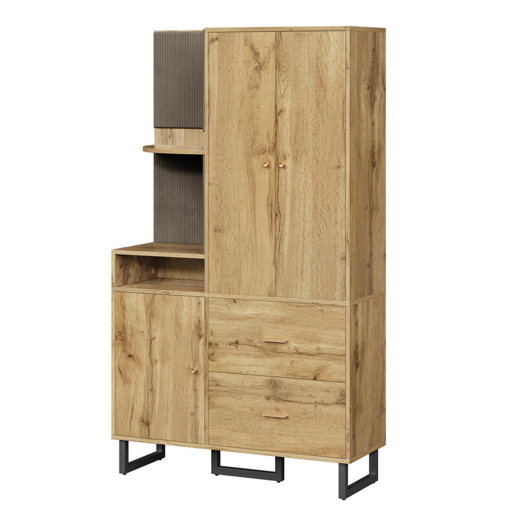 Modfu PŘEDSÍŇOVÁ skříň z MDF 110x186x38 cm černá/přírodní s policemi, zásuvkami, výsuvnou tyčí a čalouněnými panely