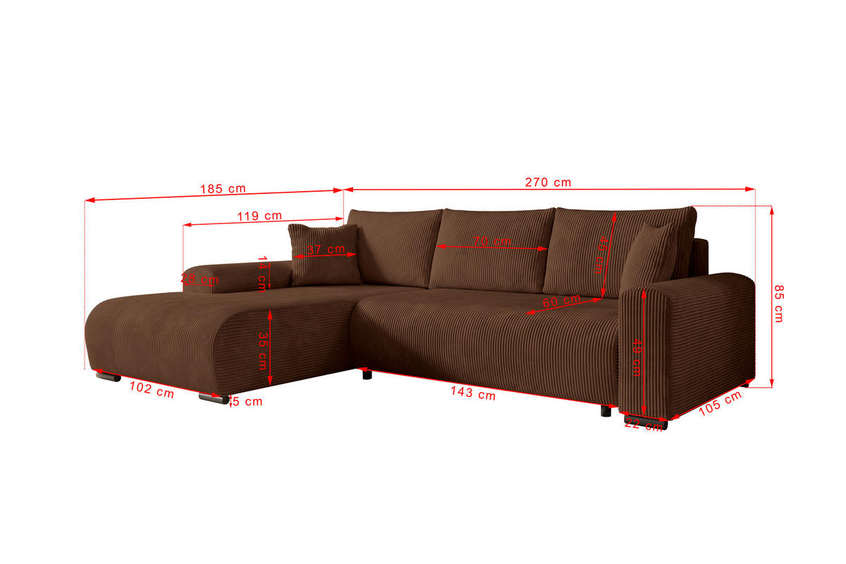 ECKSOFA Nelly mit Bettkasten und Schlaffunktion, Cordstoff in L-Form - Braun, Textil (270/185cm)
