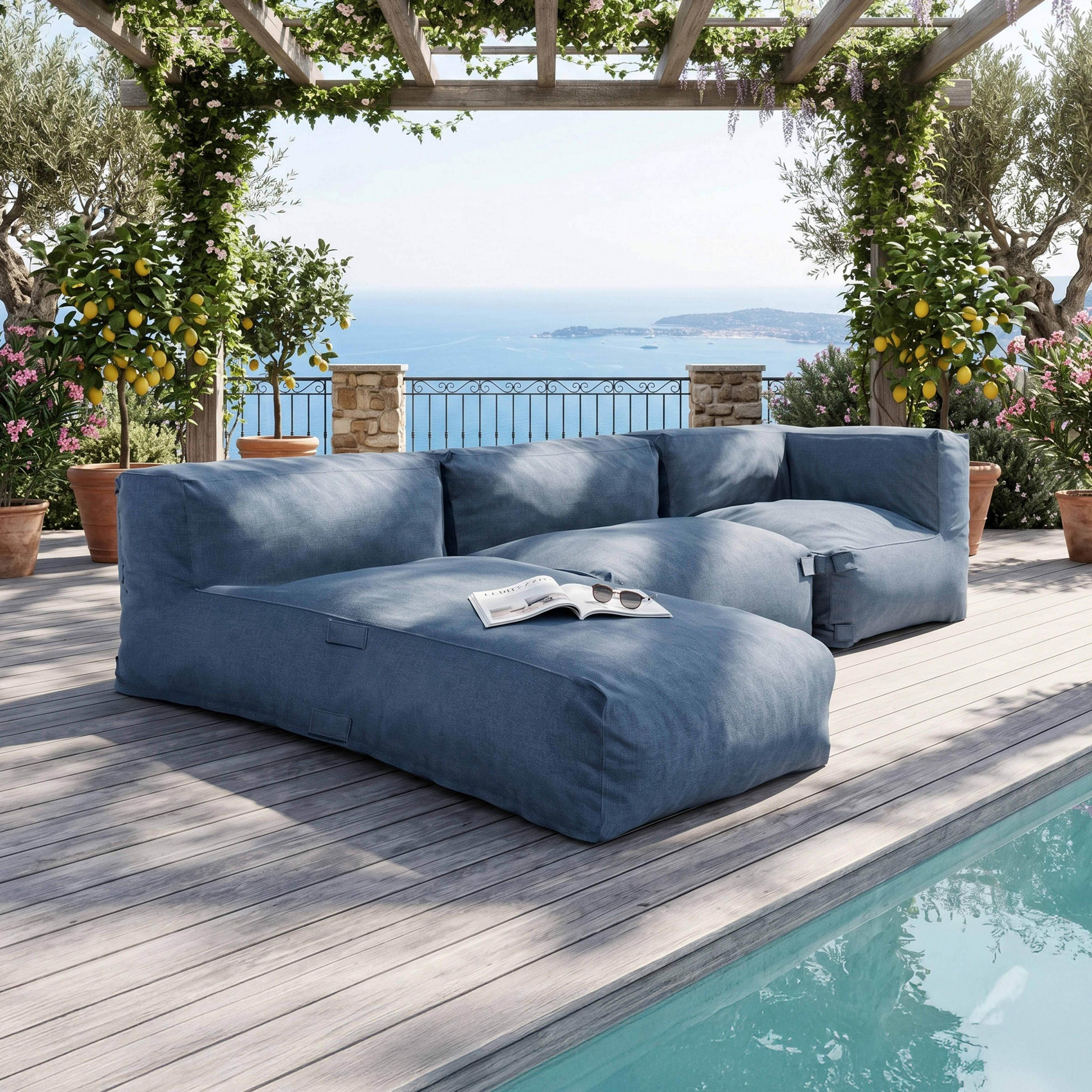 GARTENSOFA 3-tlg., Pazifikblau - Blau, Textil - Oviala