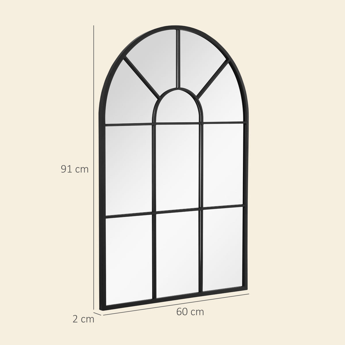 91 x 60 cm Wandspiegel Bogenfenster-Spiegel Wohnzimmerspiegel Schwarz Metall - Schwarz, Glas/Metall (2/60/91cm) - HOMCOM
