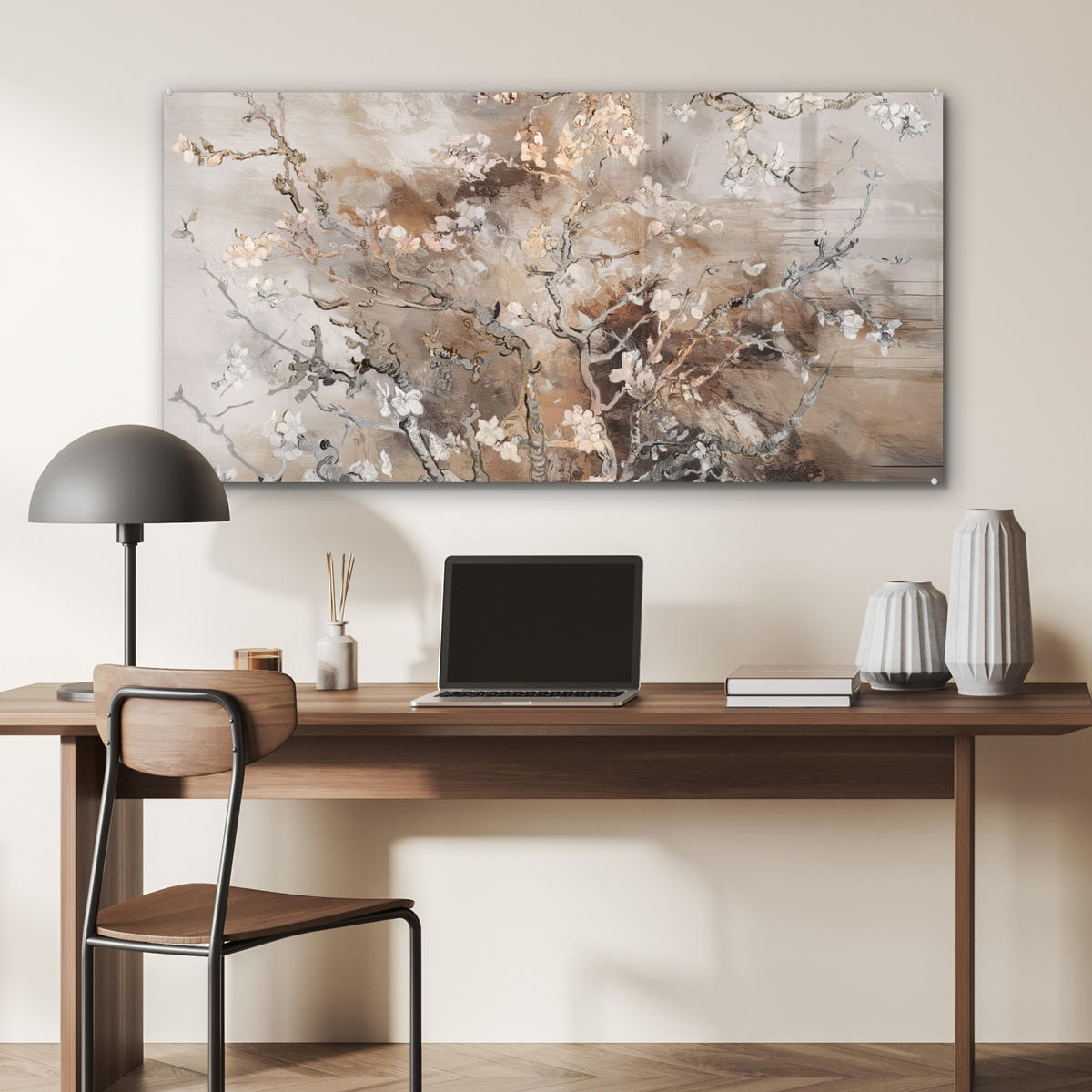 ACRYLGLASBILD Mandelblüte - Kunst - Van Gogh - Beige - Abstrakt 120x60 cm - Braun, Glas (120/60cm) - MuchoWow