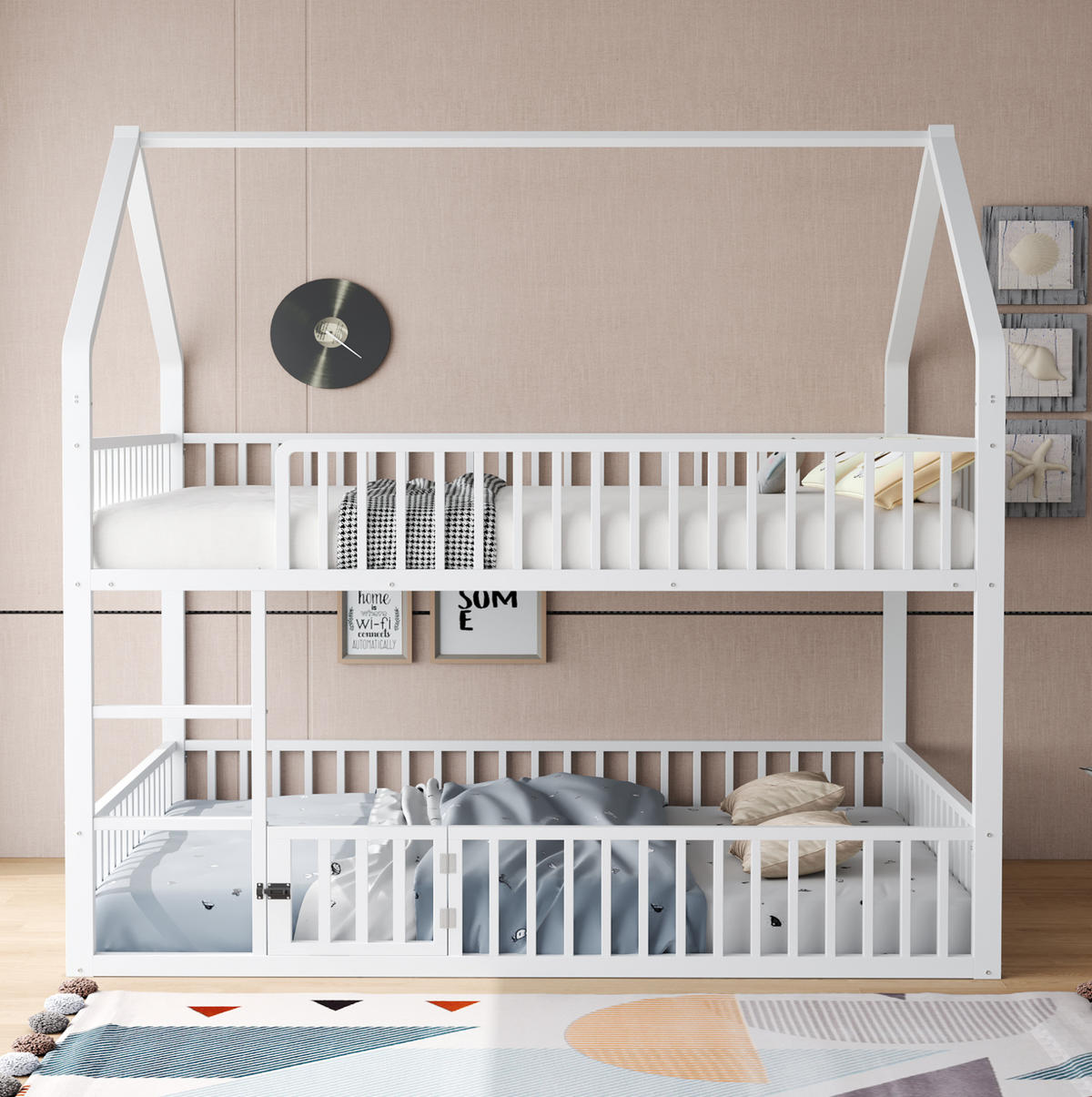 HAUSBETT 140/200 cm aus Metall in Weiß mit Hausrahmen und Treppe - Weiß, Metall (140/200cm) - BEAOK
