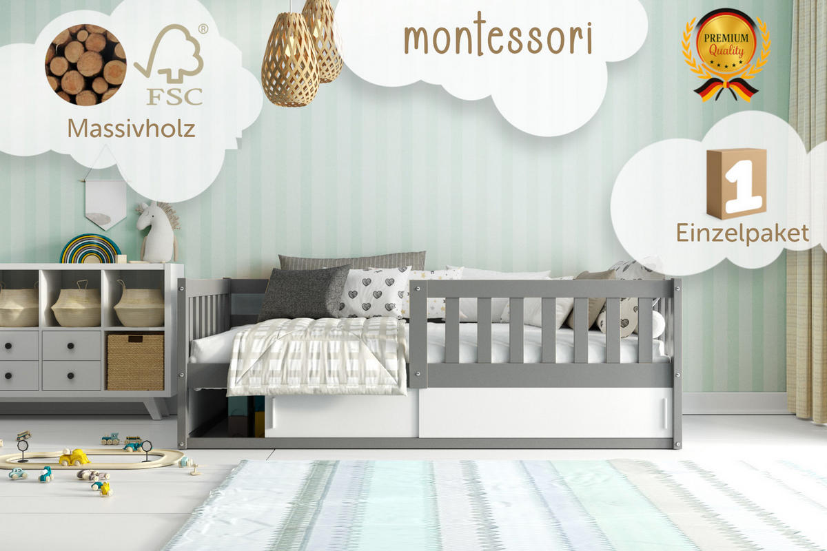 KINDERBETT Smart, 80x160, mit Stauraum, Gray - Grau, Holz (80/160cm) - Interbeds