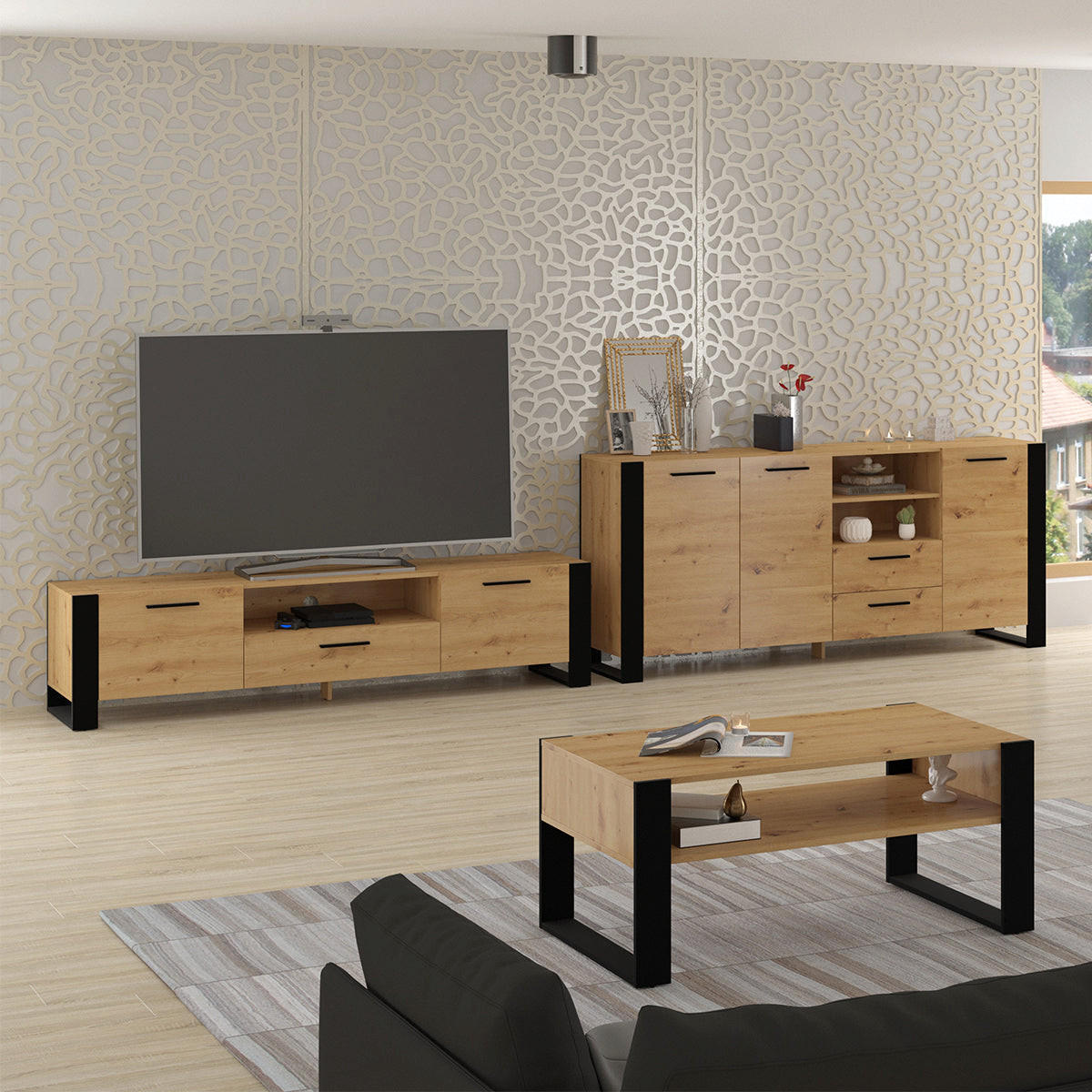 TV STOLÍK Nouka Drevo a čierna farba - čierna, kompozitné drevo (200/48/43cm) - Petits-meubles